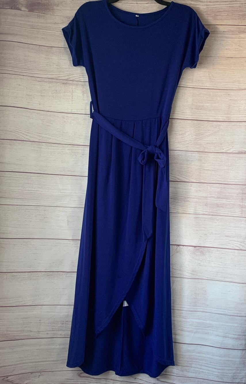 Royal Blue Wrap Skirt Cotton Blend Dress Short Sleeves Hi Low Hem Size M